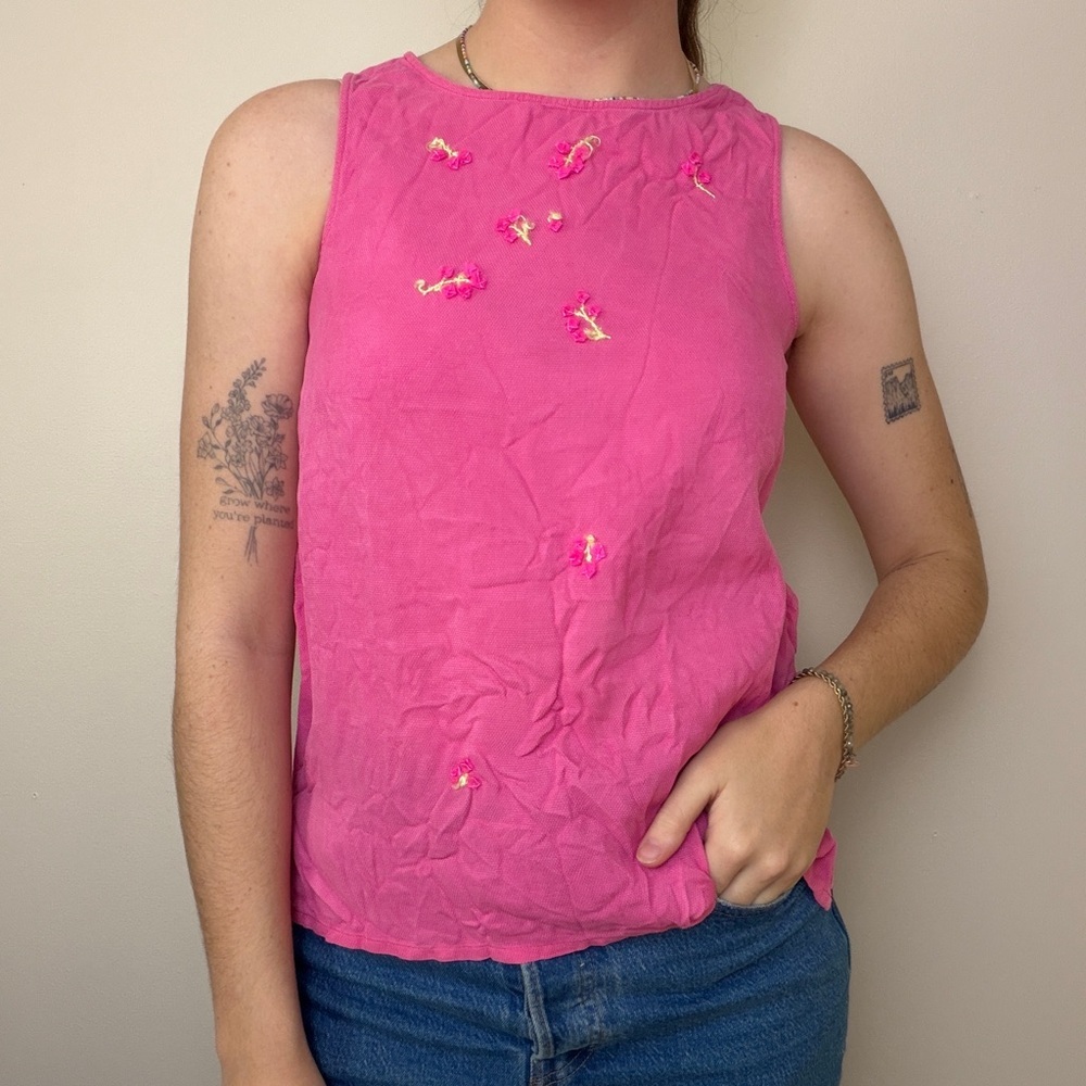y2k vintage 100% silk floral hot bright pink baby tank top size XS 2000’s